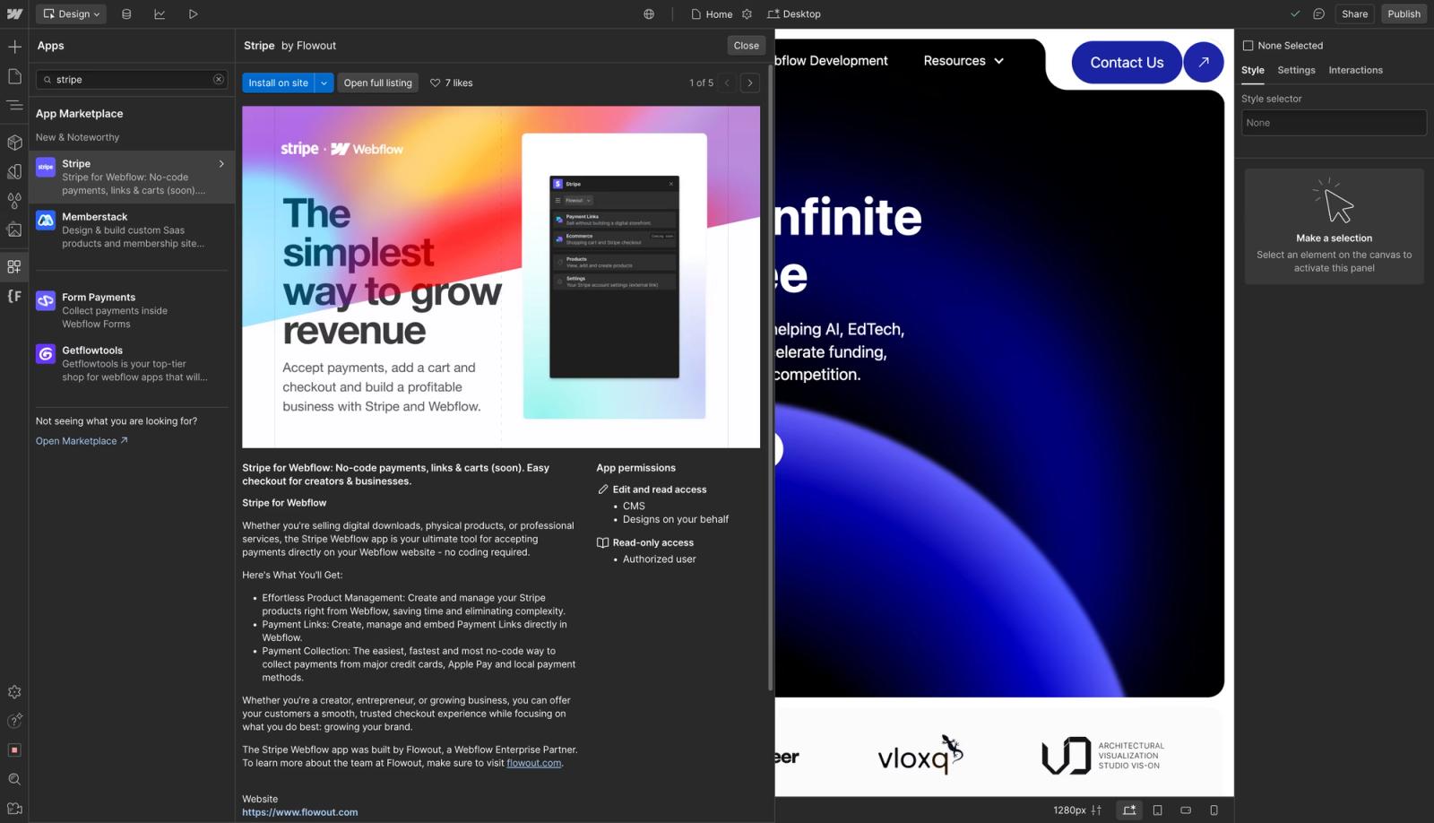 You can find the Stripe App in Webflow's app marketplace