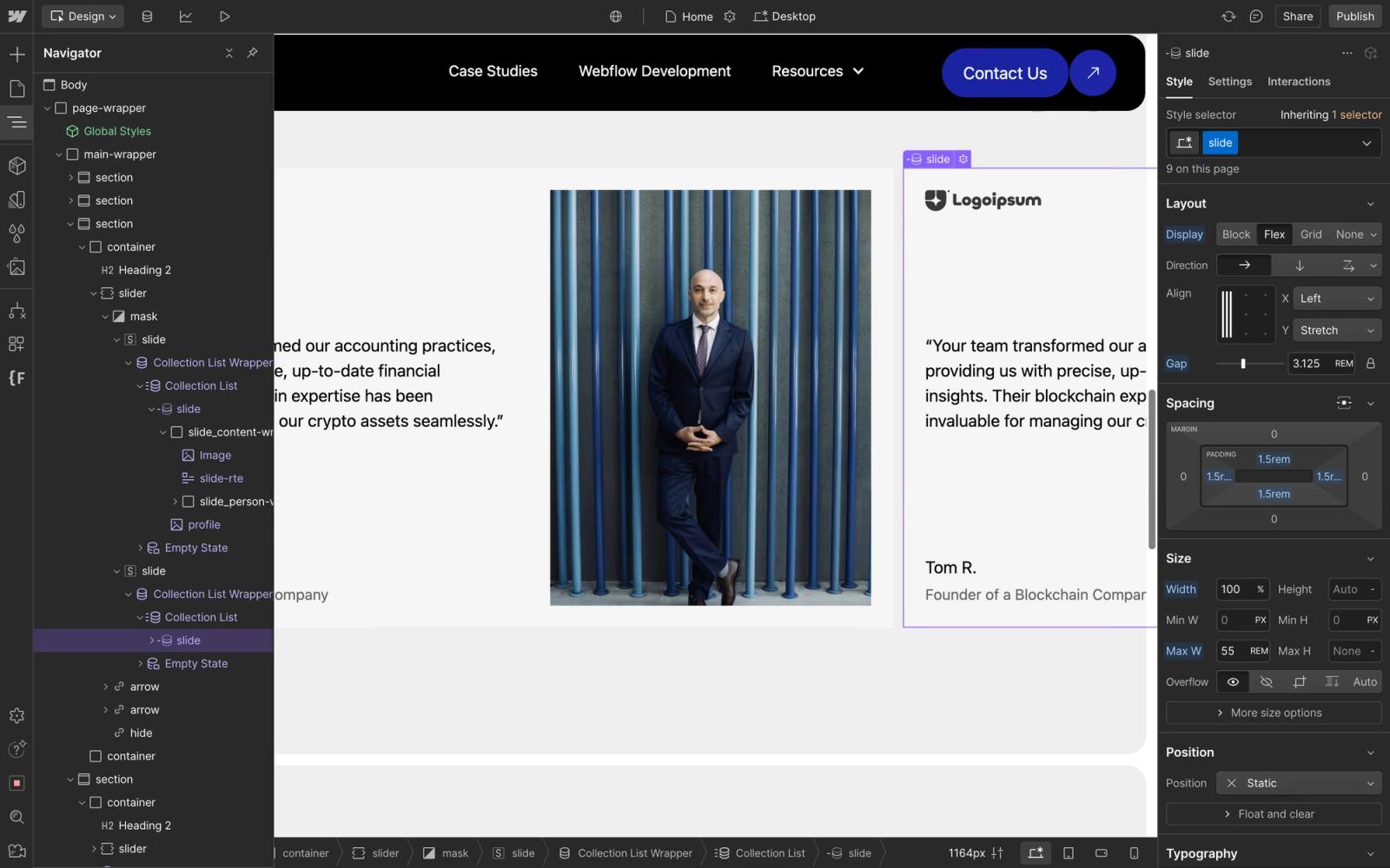 Webflow Designer screenshot from the native slider tutorial
