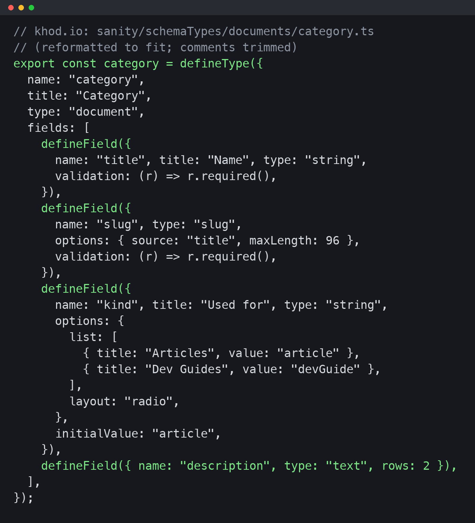 The category schema from khod.io's code: a Sanity defineType with title, slug, kind and description fields, which Sanity Studio turns into the category edit form