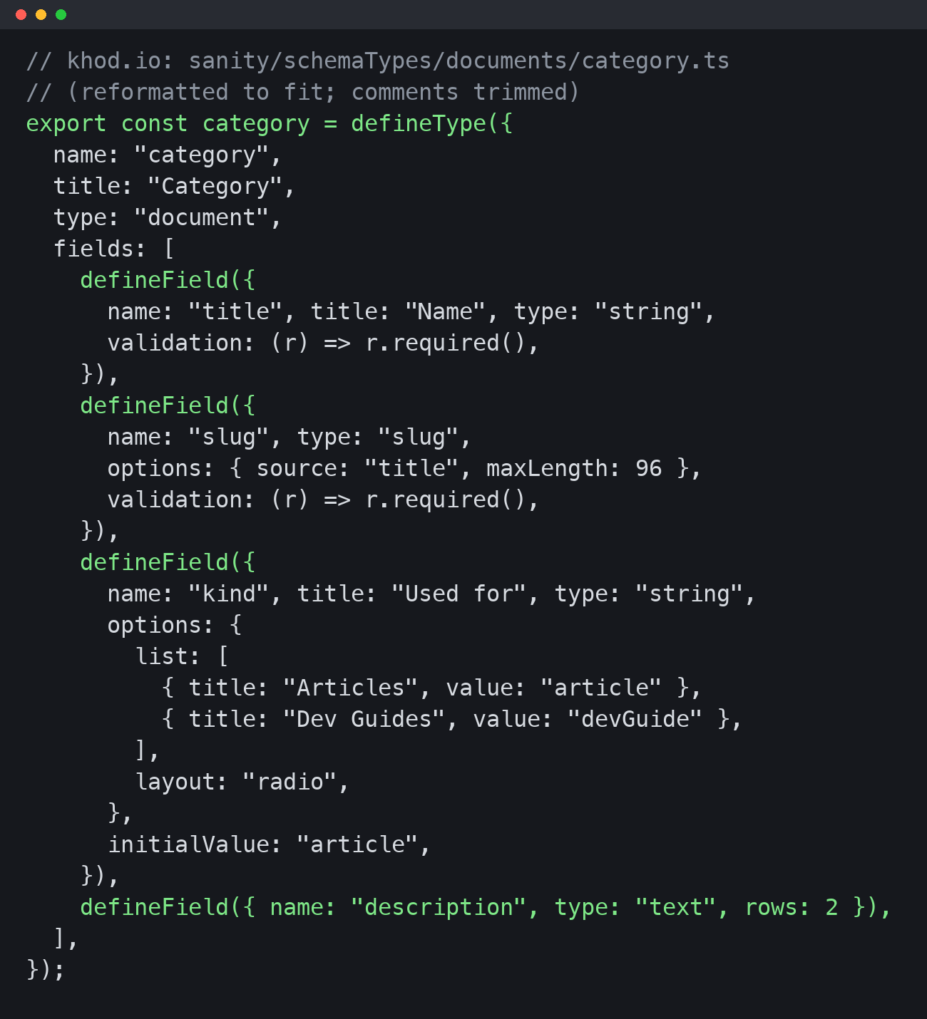 The category schema from khod.io's code: a Sanity defineType with title, slug, kind and description fields, which Sanity Studio turns into the category edit form