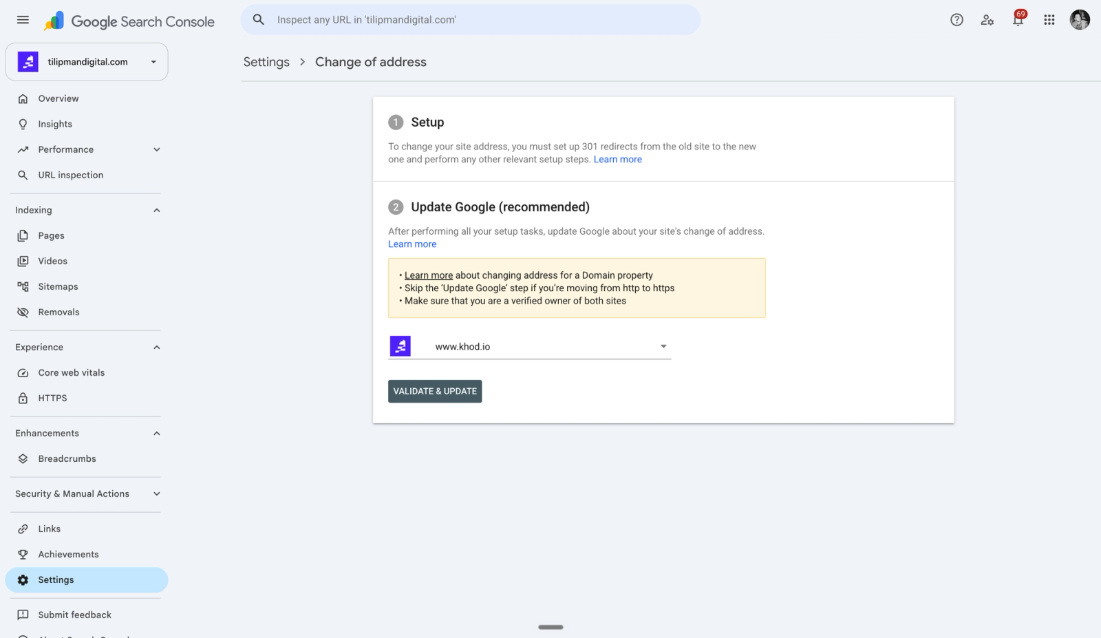 Google Search Console's Change of address tool, moving tilipmandigital.com to www.khod.io