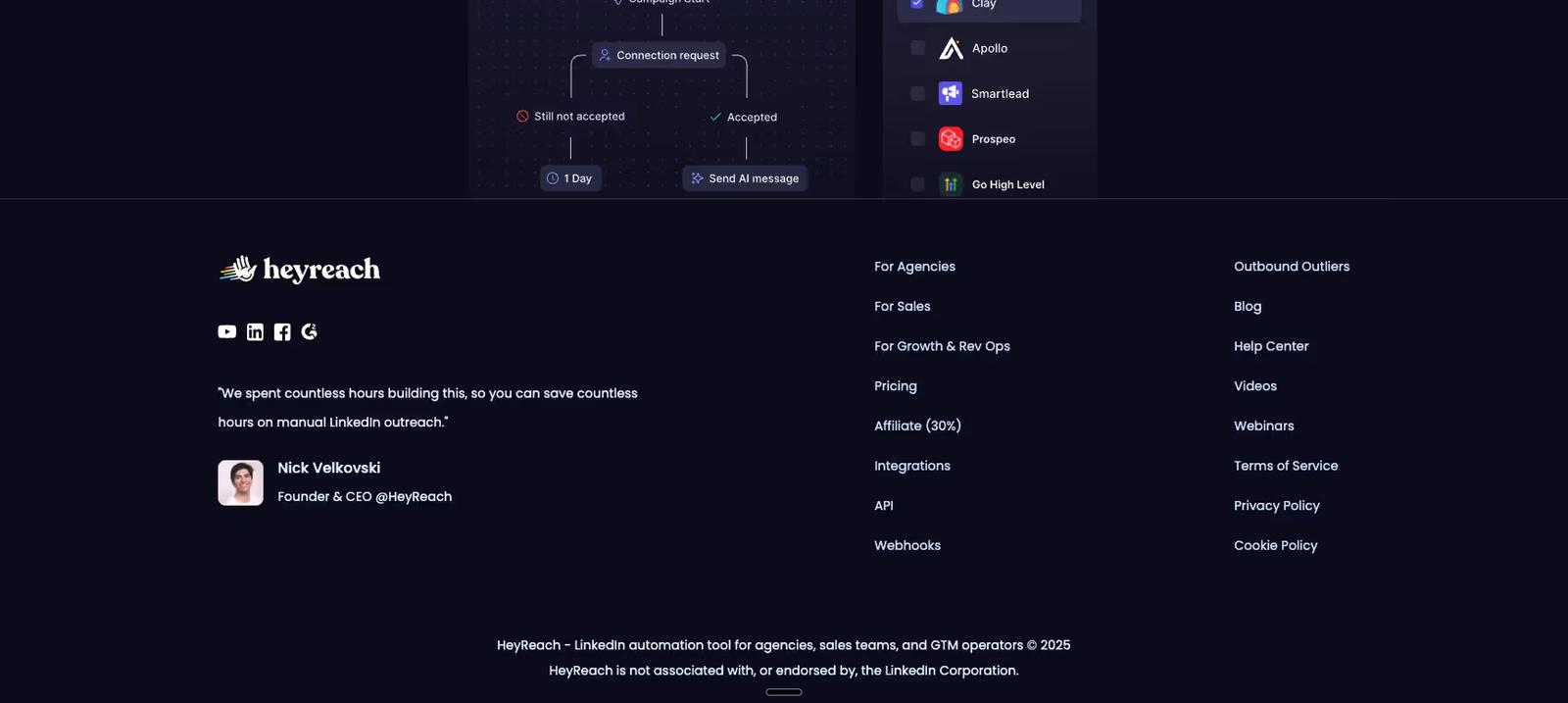 Website footer example #5: Hey Reach