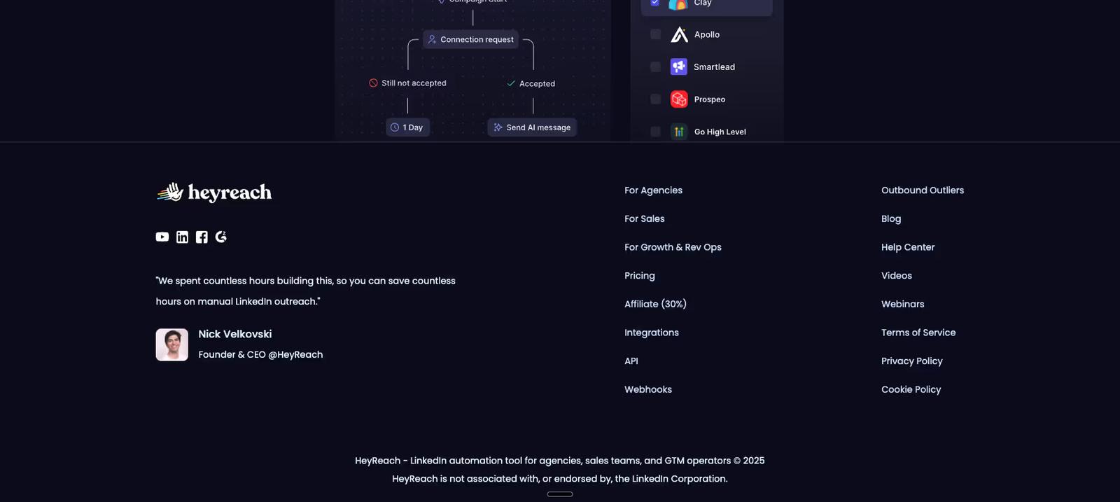 Website footer example #5: Hey Reach
