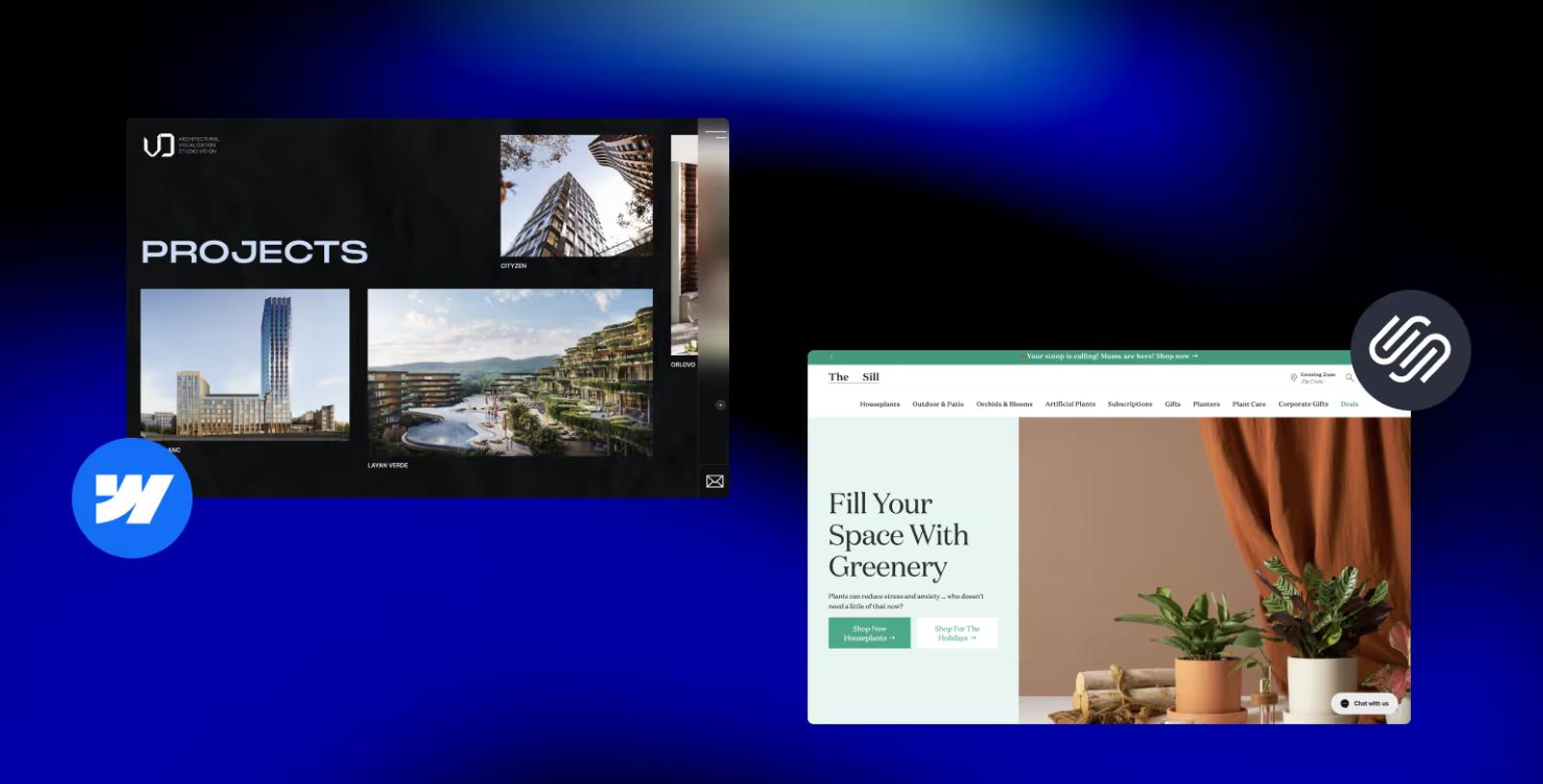 Side-by-side comparison of sites built with Webflow and Squarespace