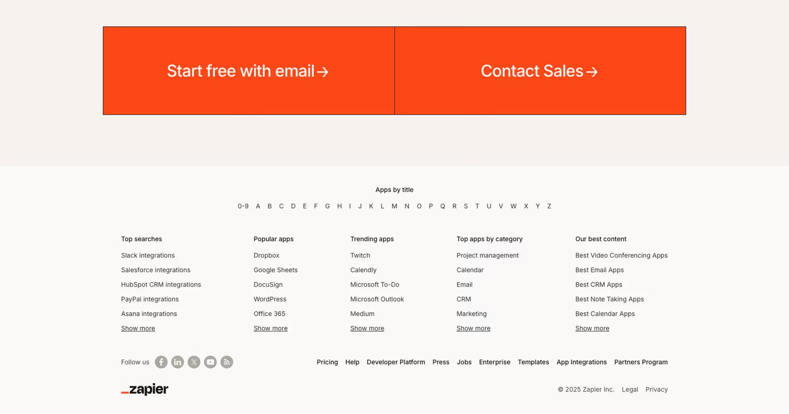 Website footer example #11: Zapier