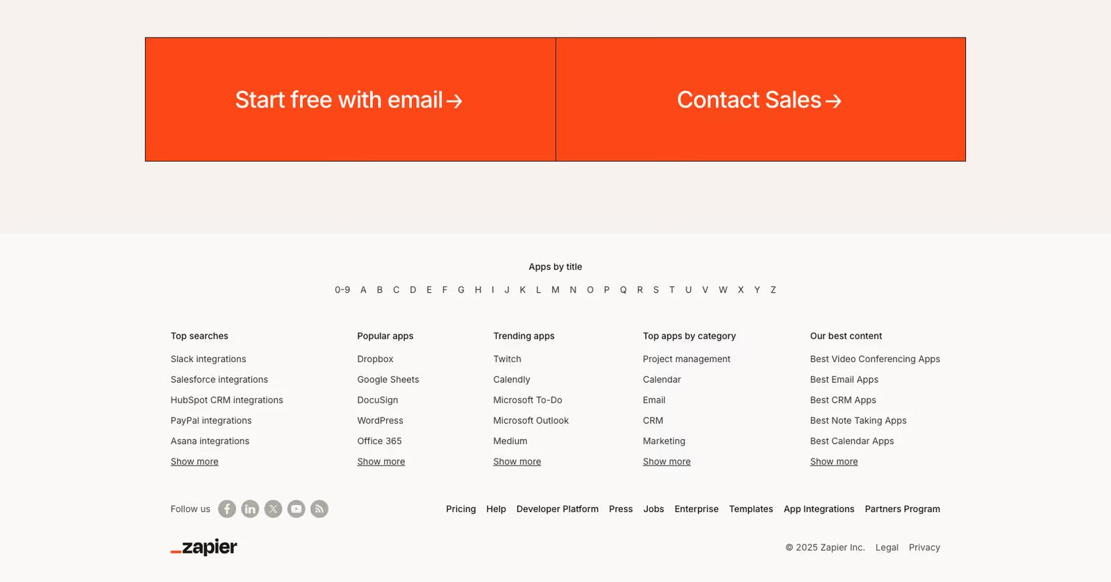 Website footer example #11: Zapier
