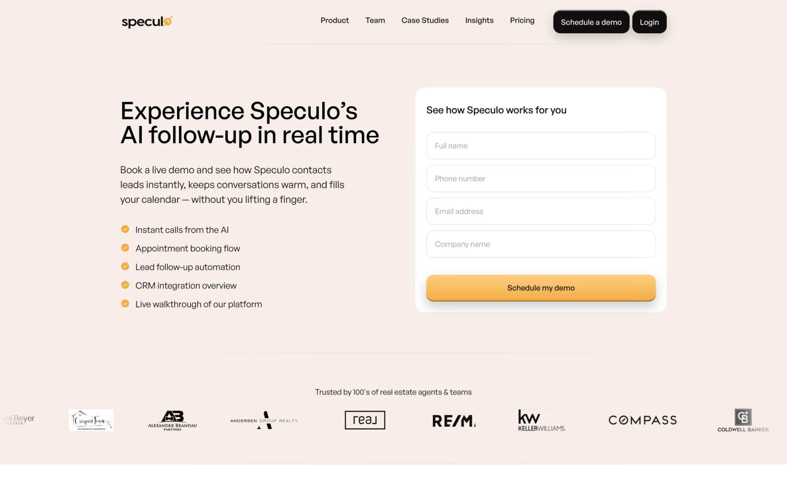 Demo contact form from the Speculo website with a cozy, inviting layout