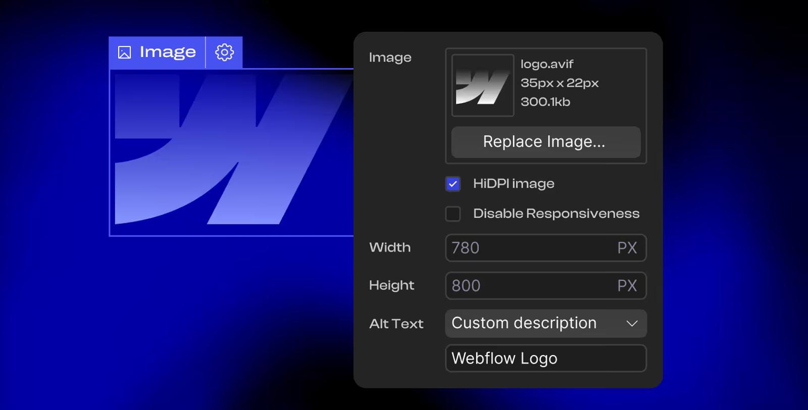 Adding alt text to an image in the Webflow editor