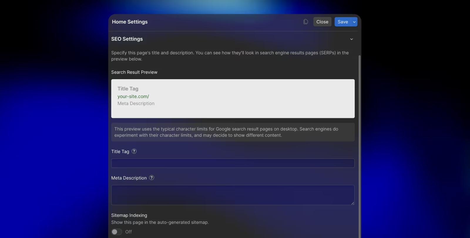 SEO settings panel in Webflow compared with Detachless