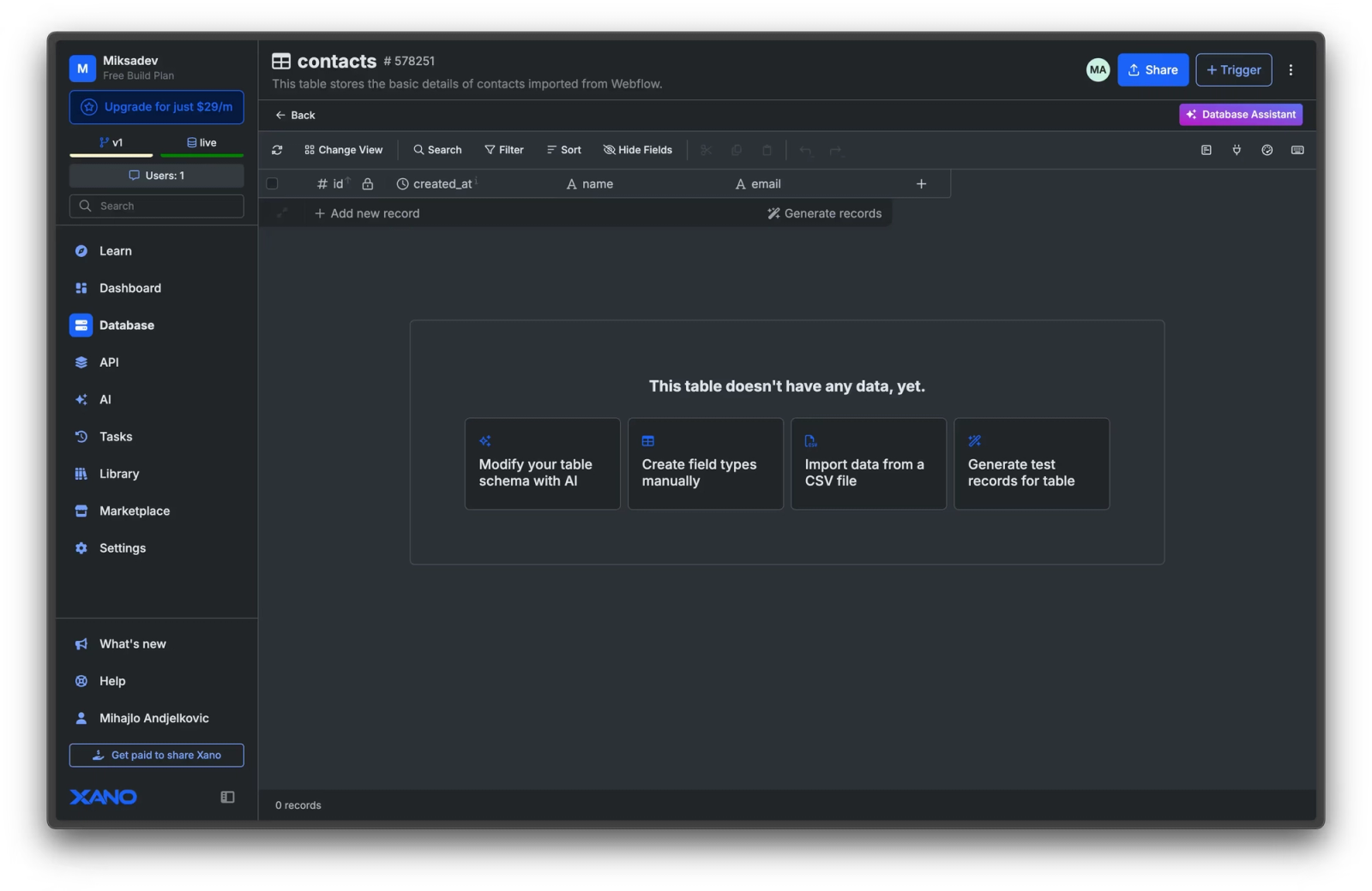 Create Contacts table in Xano