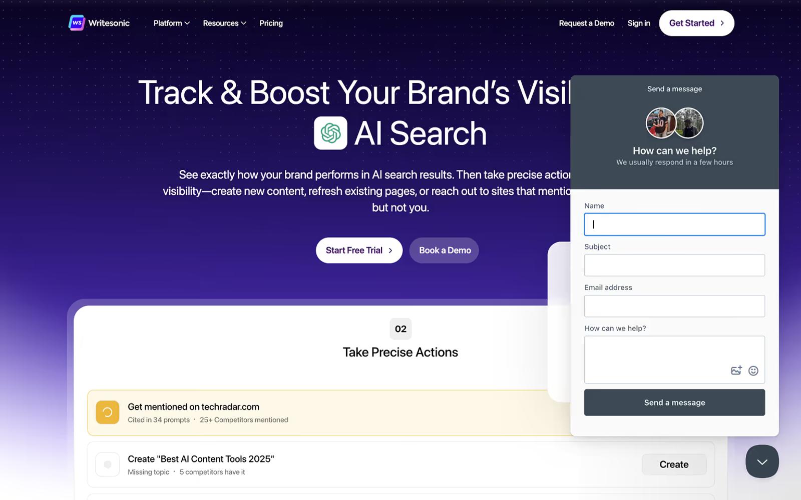 Writesonic: AI + Live Chatbot Web Design trend in action