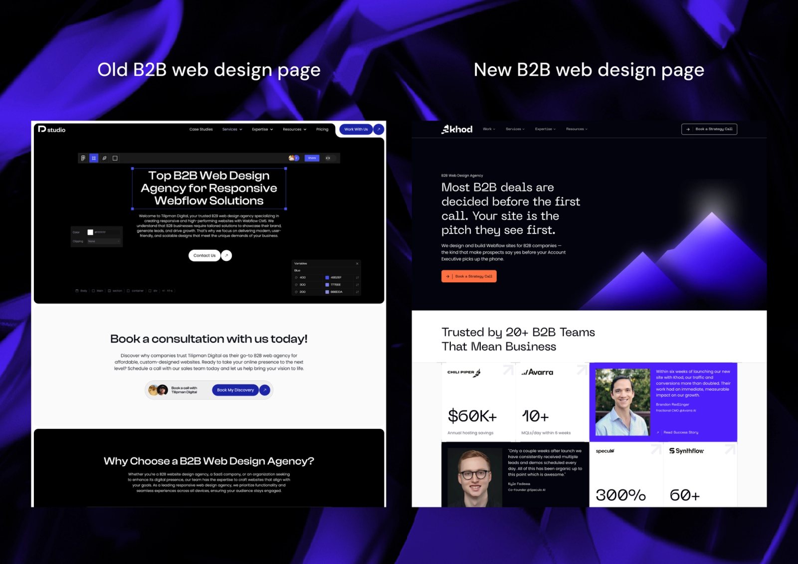 Before and after redesign of Khod's B2B design page