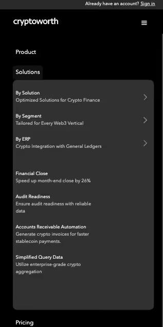 Cryptoworth Mobile Navigation