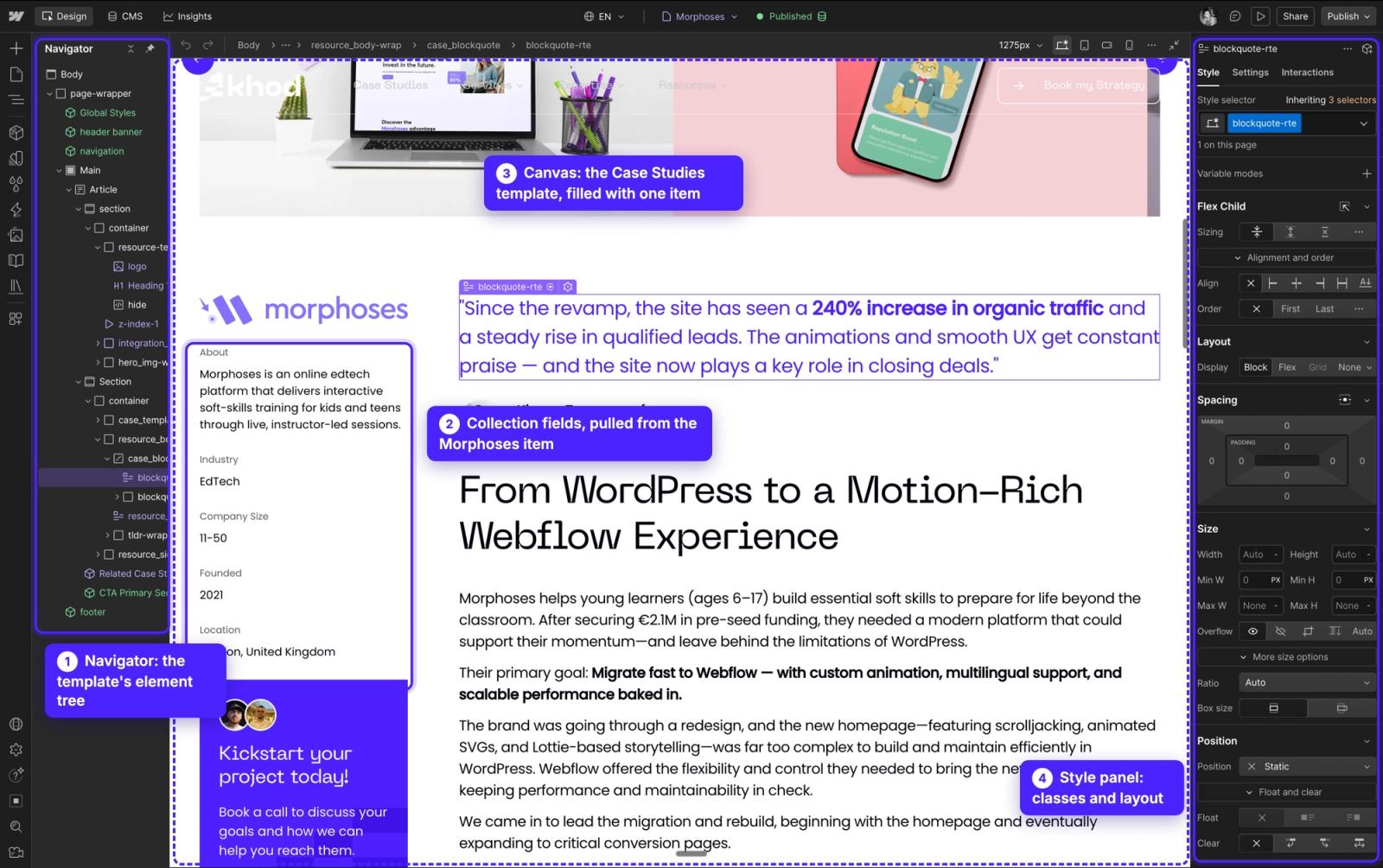 The Webflow Designer editing the Case Studies template with the Morphoses item: the Navigator on the left, the canvas with Collection fields in the middle, and the Style panel on the right