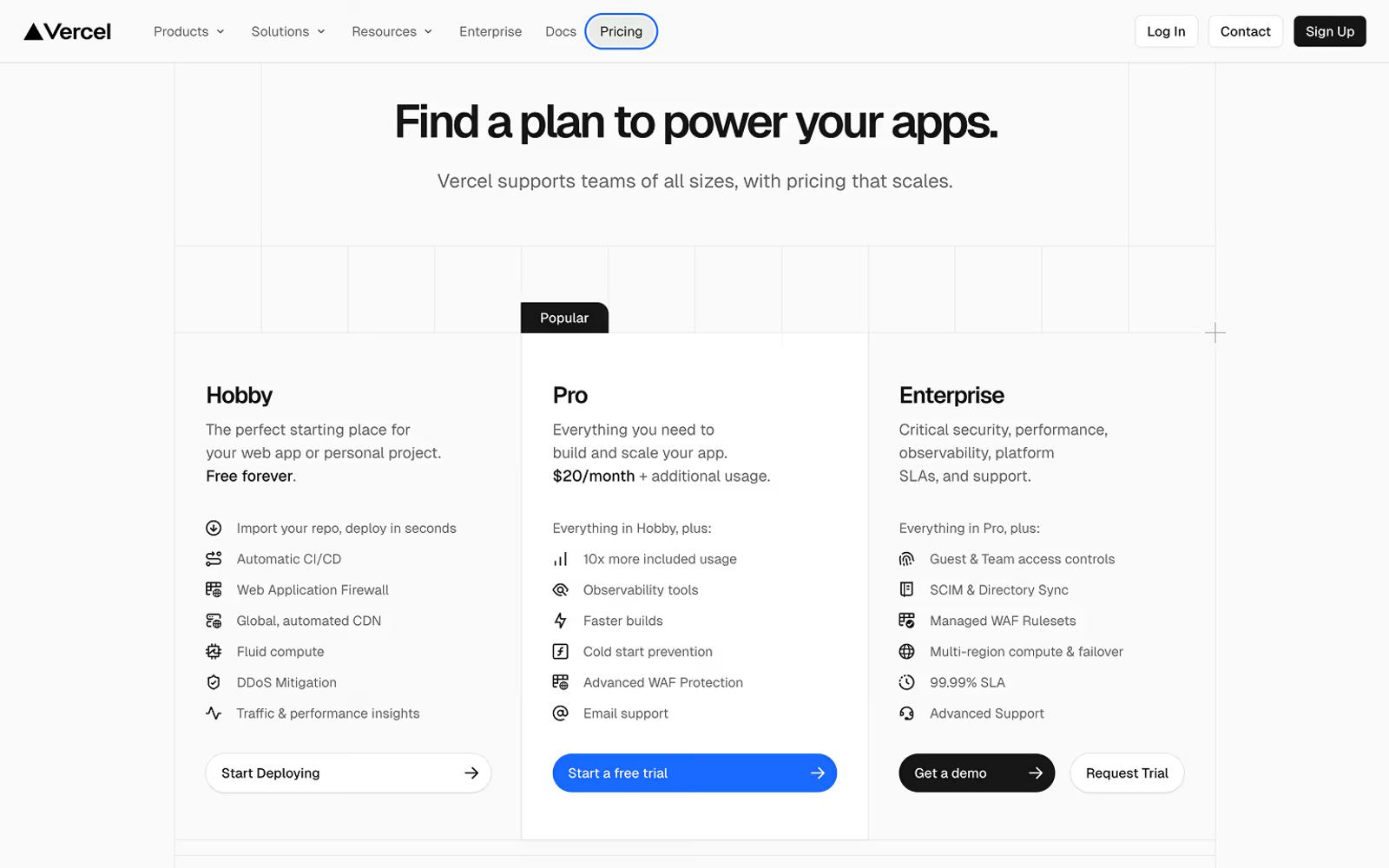 Vercel Pricing Page Example