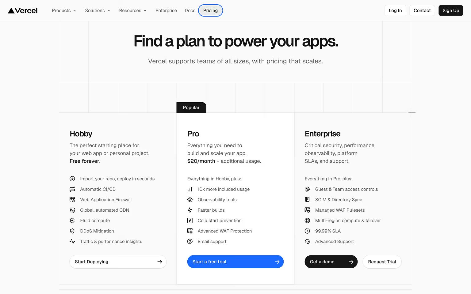 Vercel Pricing Page Example