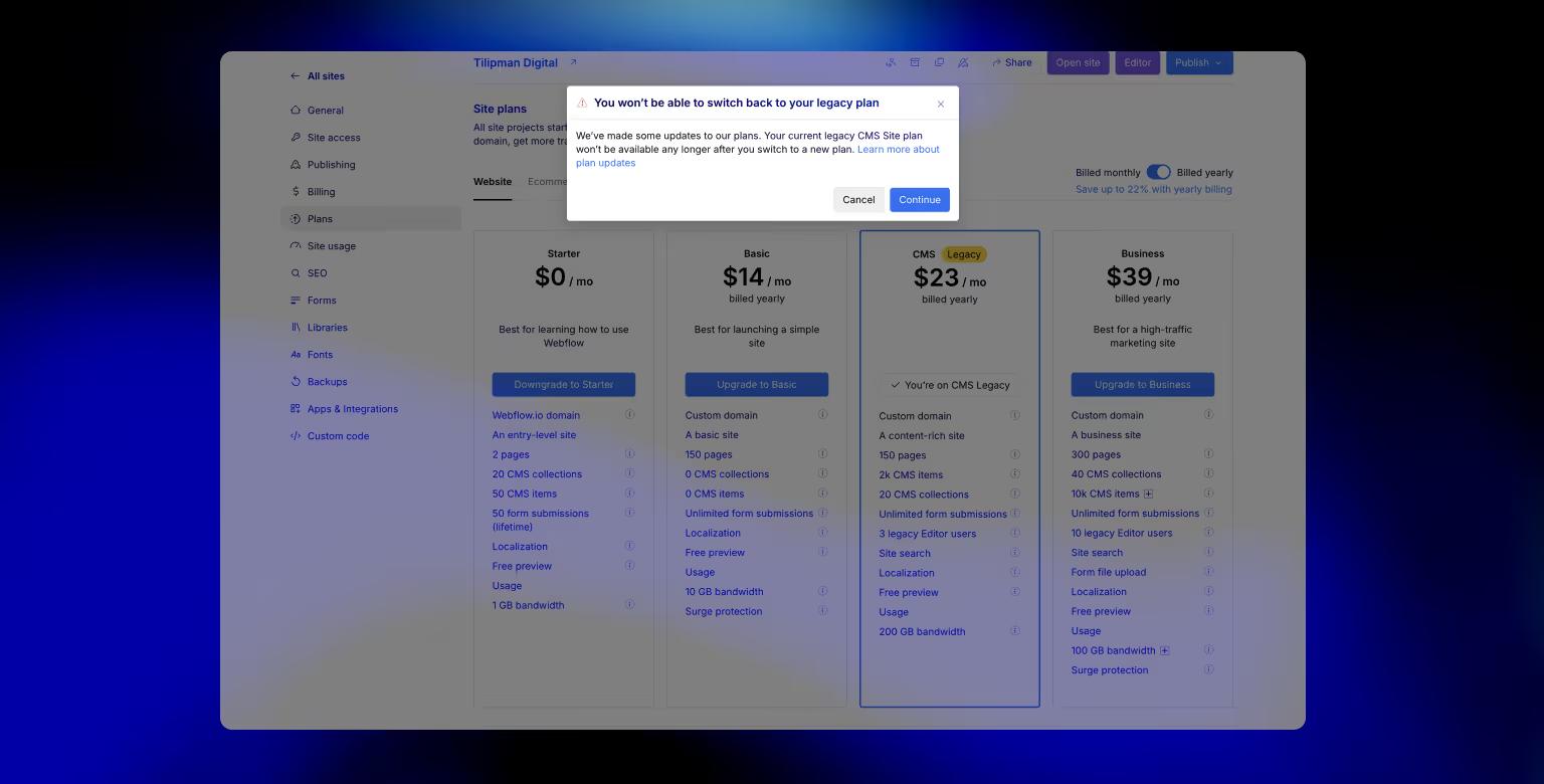 Cancel Webflow Subscription: Site Plan Downgrade