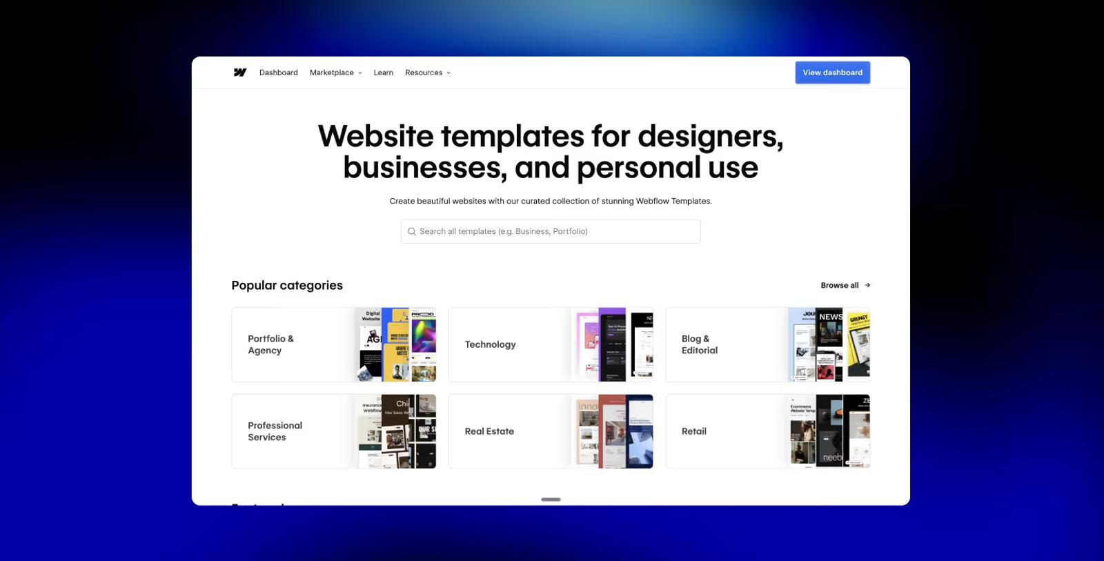Browsing the Webflow template marketplace