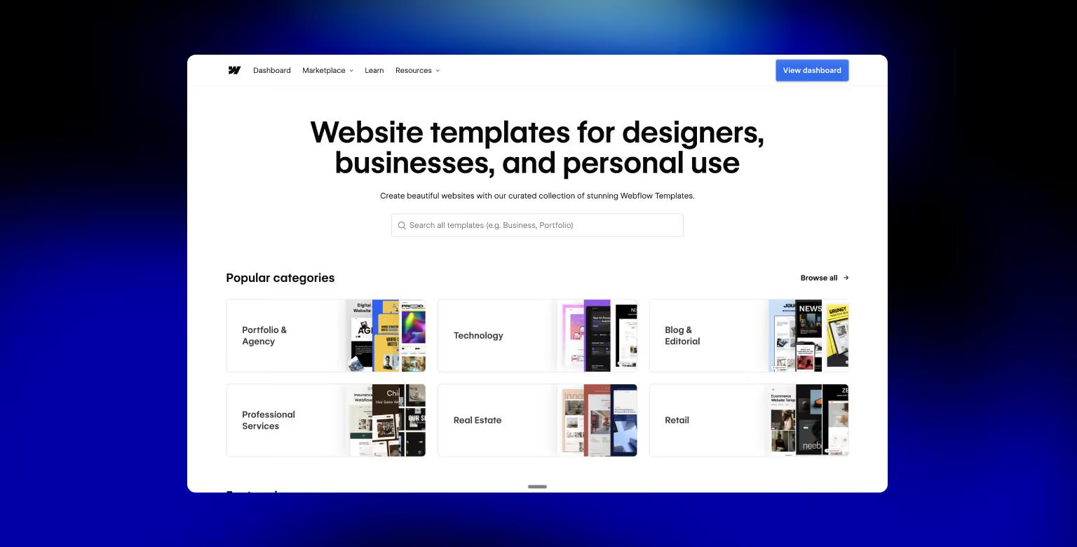 Browsing the Webflow template marketplace