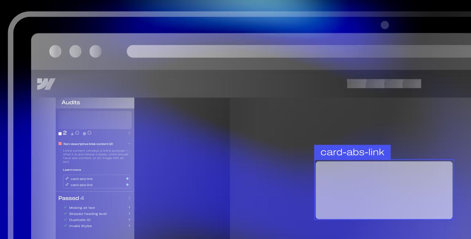 Webflow accessibility audit panel showing detected issues