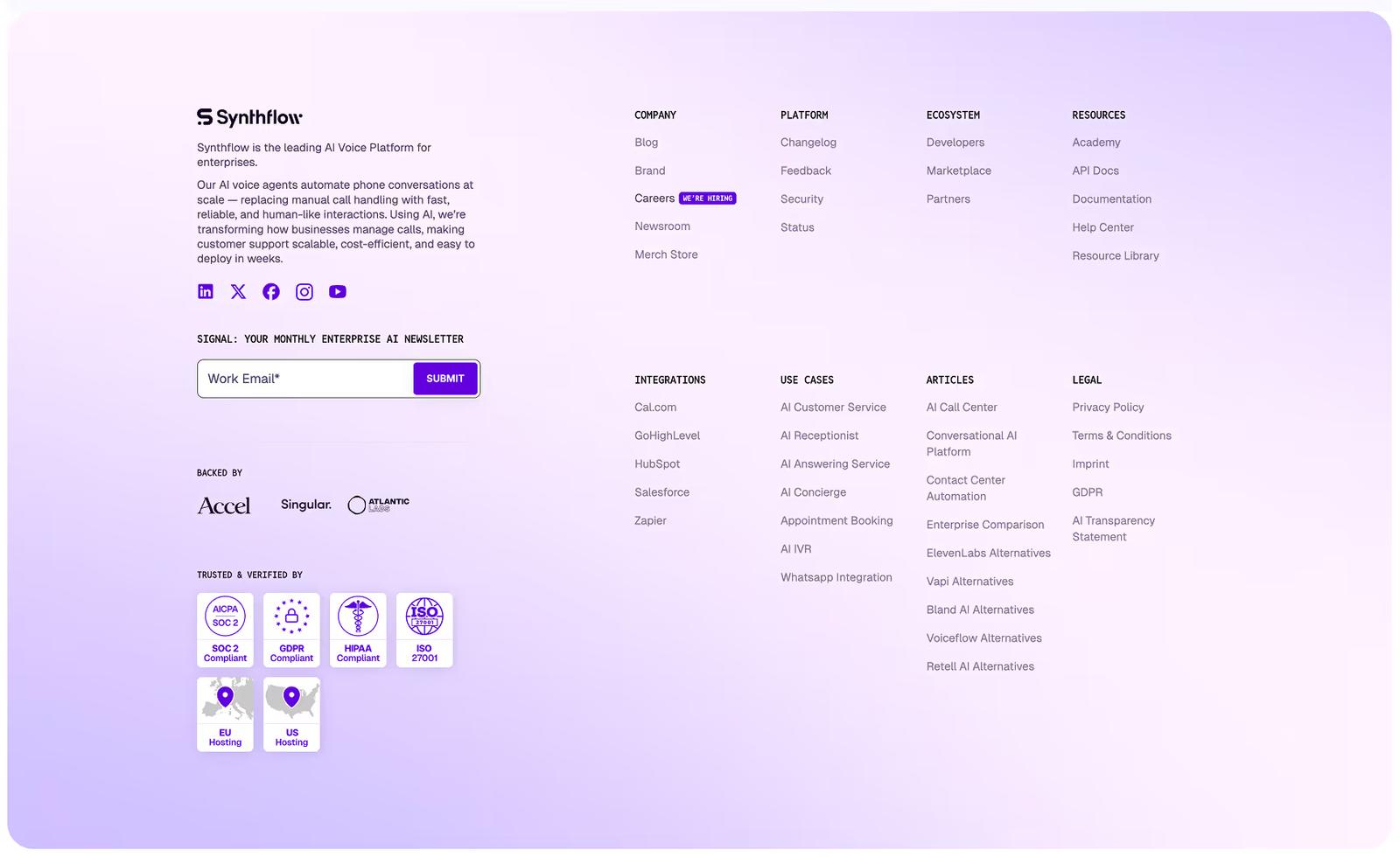 Website footer example #2: Synthflow.ai