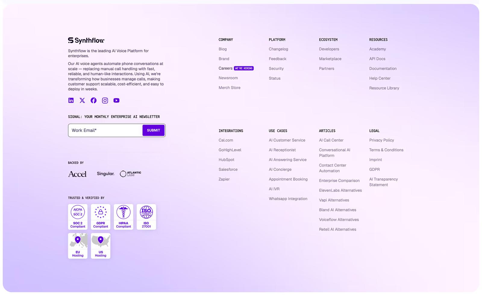 Website footer example #2: Synthflow.ai