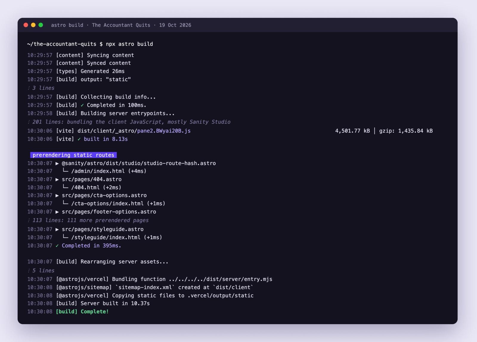 Astro build log for The Accountant Quits: Sanity Studio bundles in 8.13 s, prerendering the static pages completes in 395 ms