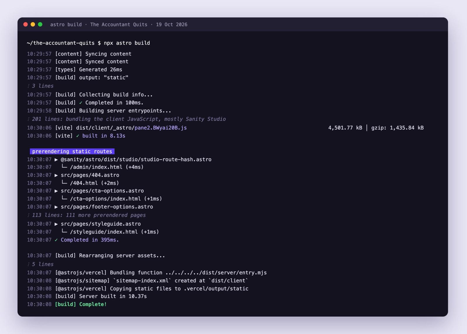 Astro build log for The Accountant Quits: Sanity Studio bundles in 8.13 s, prerendering the static pages completes in 395 ms