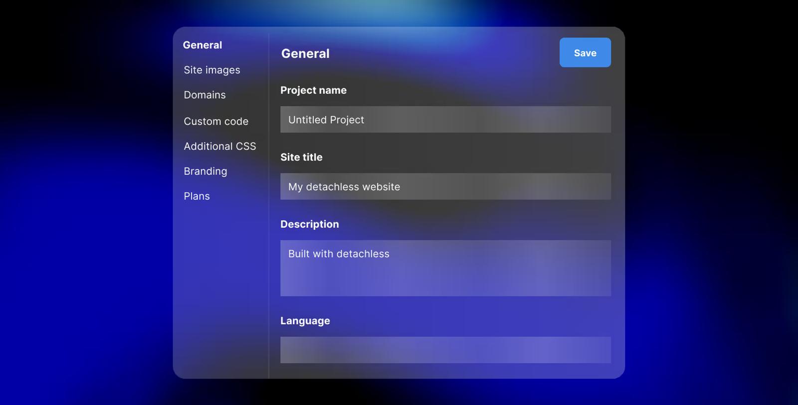 SEO settings panel in Detachless