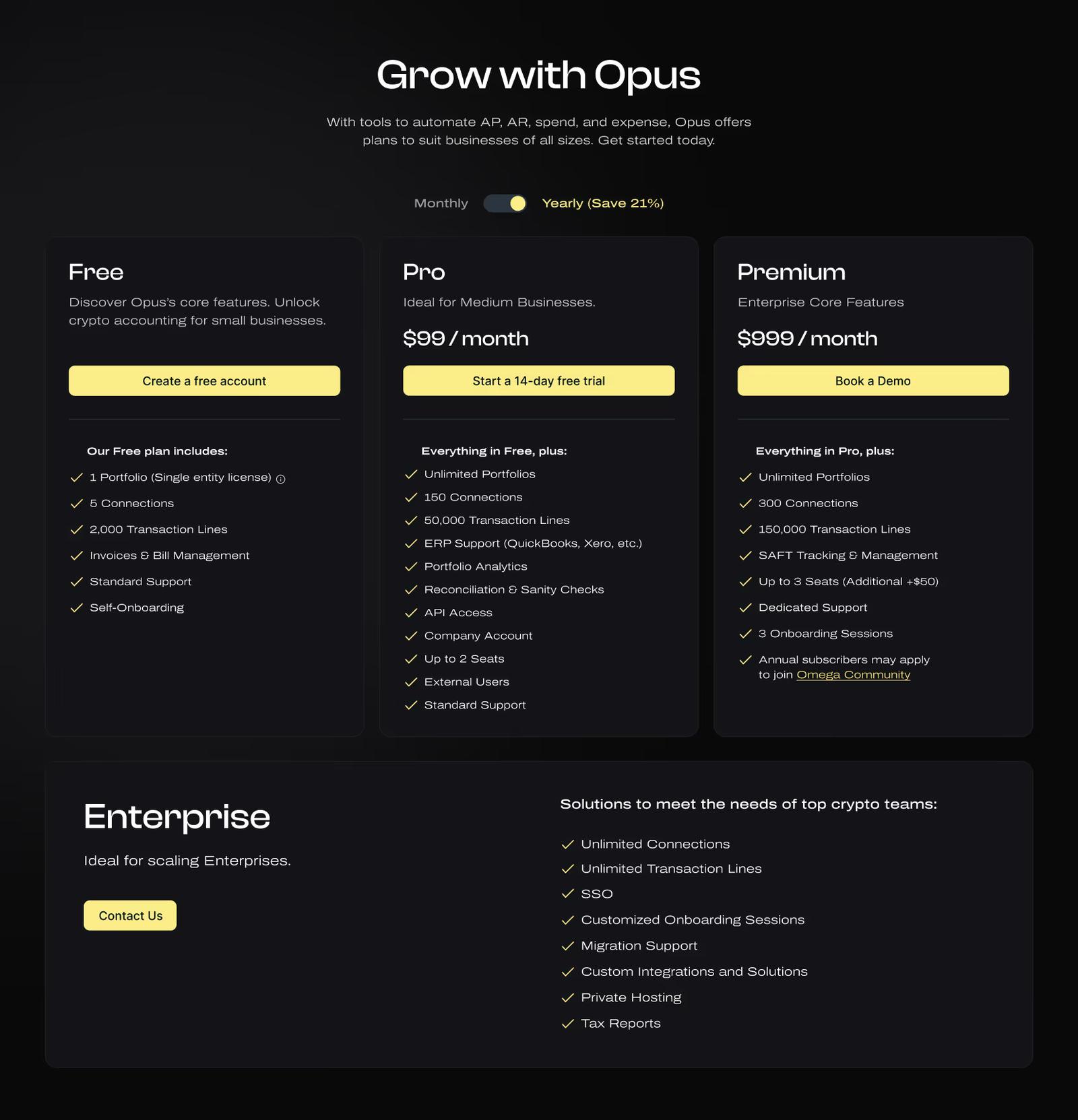 Pricing plans section example on a Web3 pricing page