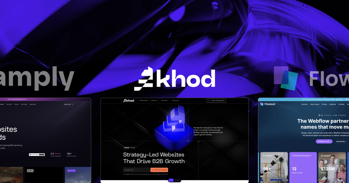Browser screenshots of Khod's website centered between two competitor Webflow agency sites, set against a dark indigo abstract background