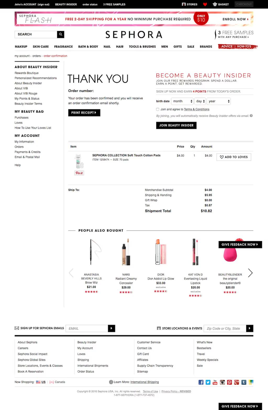 Sephora Best Eccomerce Thank You Page Example