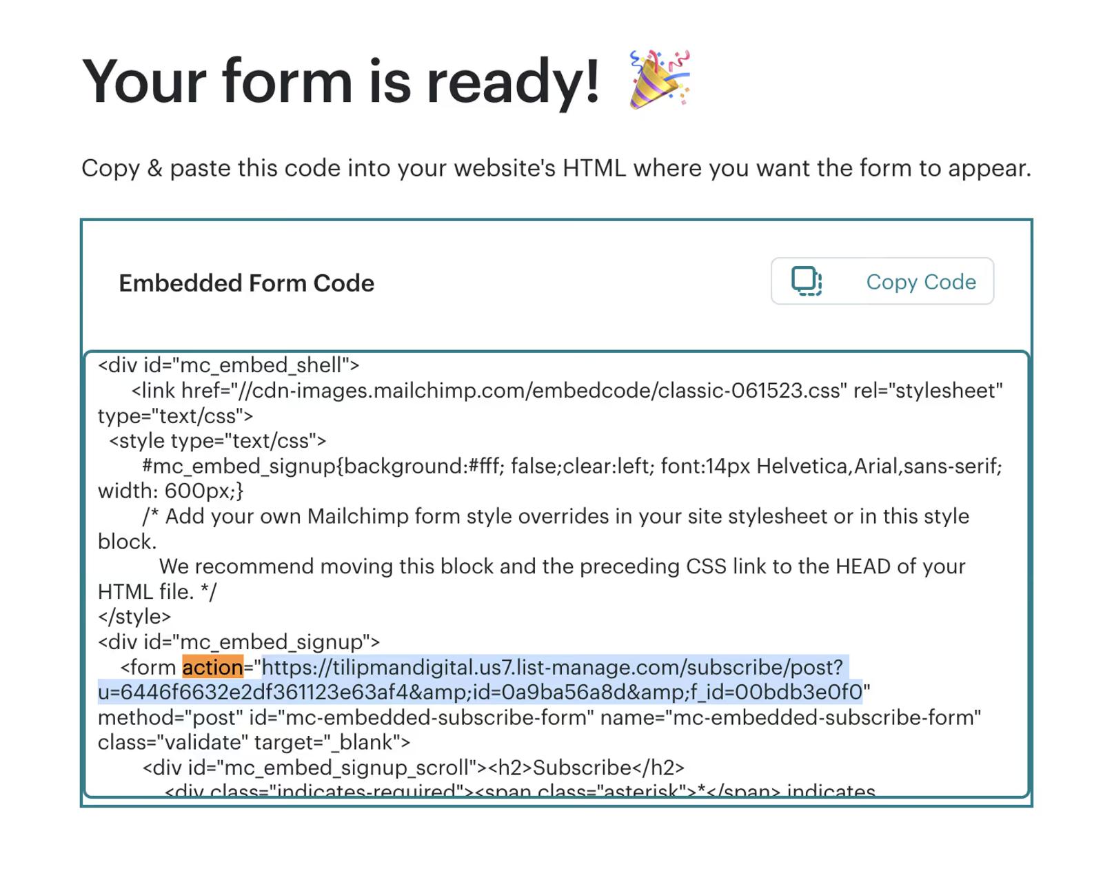 Copying Mailchimp's Form Action to Webflow