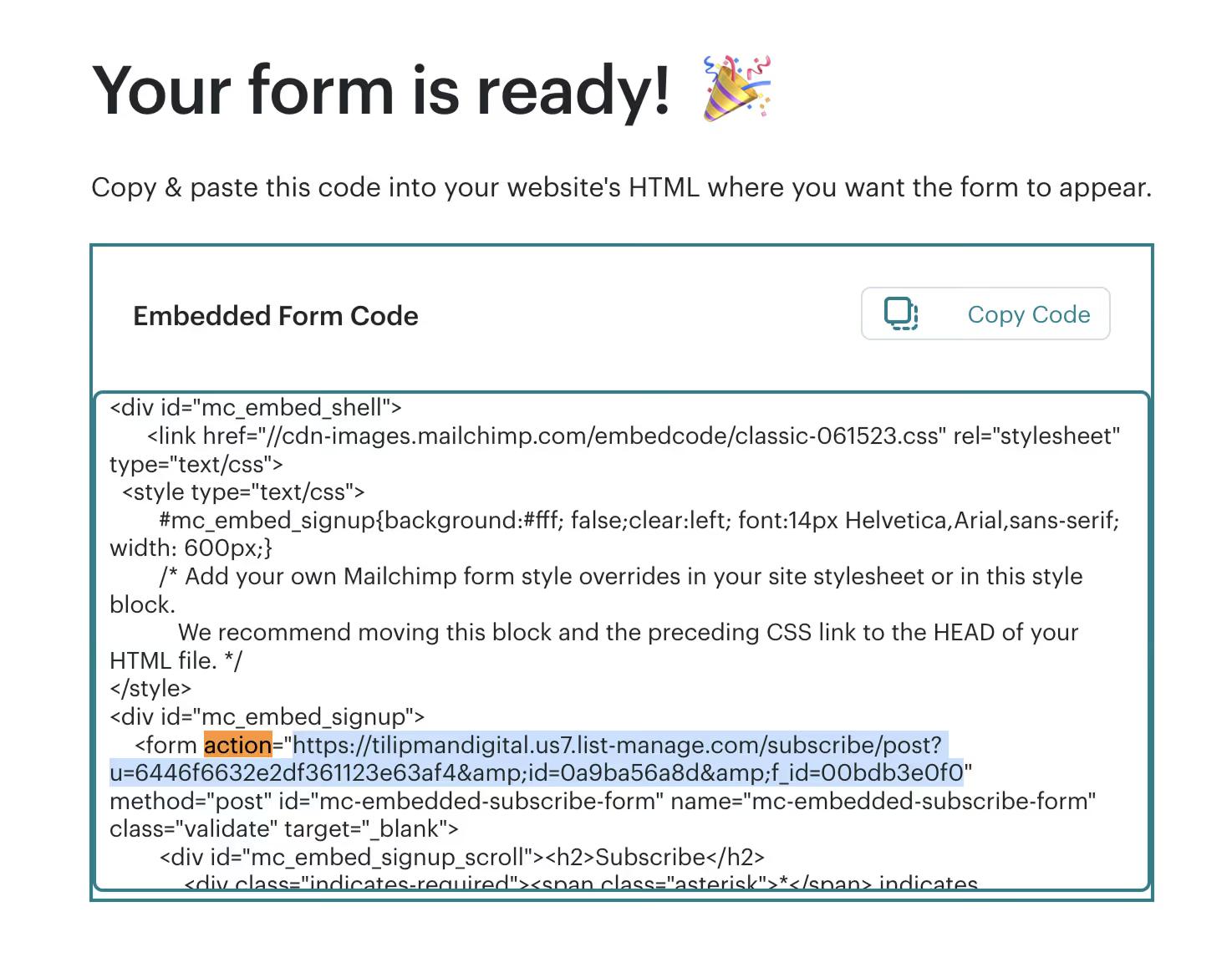 Copying Mailchimp's Form Action to Webflow