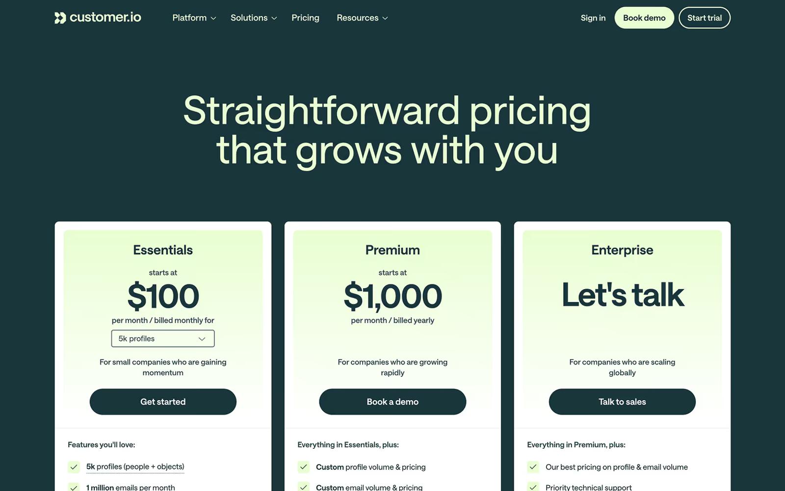 Customer.io Pricing Page Example