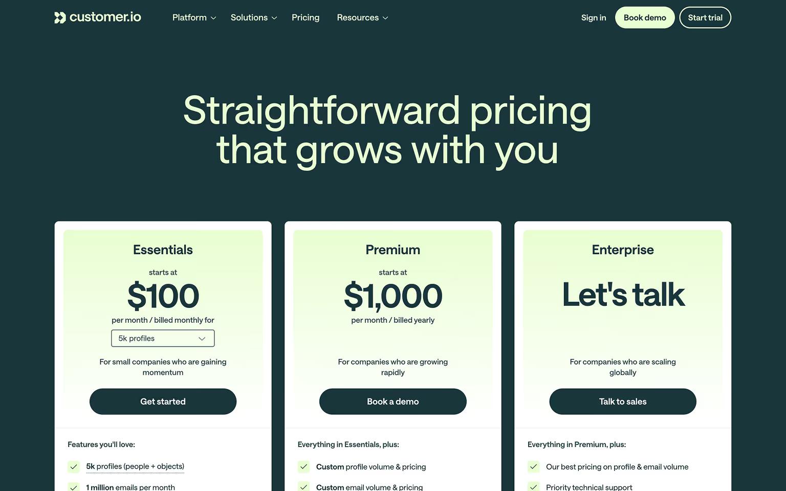 Customer.io Pricing Page Example