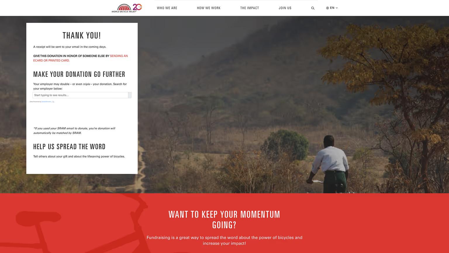 World Bycicle Relief Donation Thank You Page Example