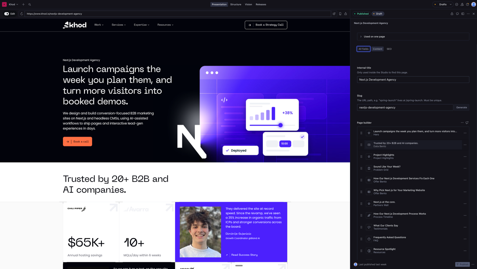 Sanity Studio's Presentation tool editing khod.io's Next.js development agency page: the live page on the left, the page builder on the right