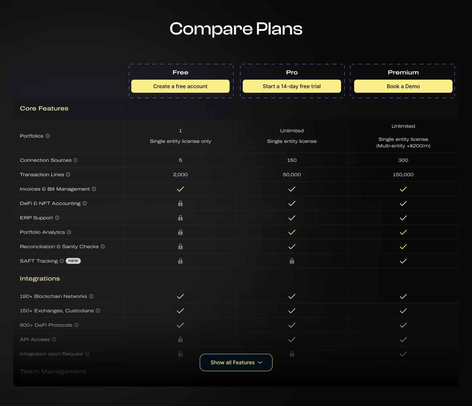 Feature comparison table on a Web3 pricing page