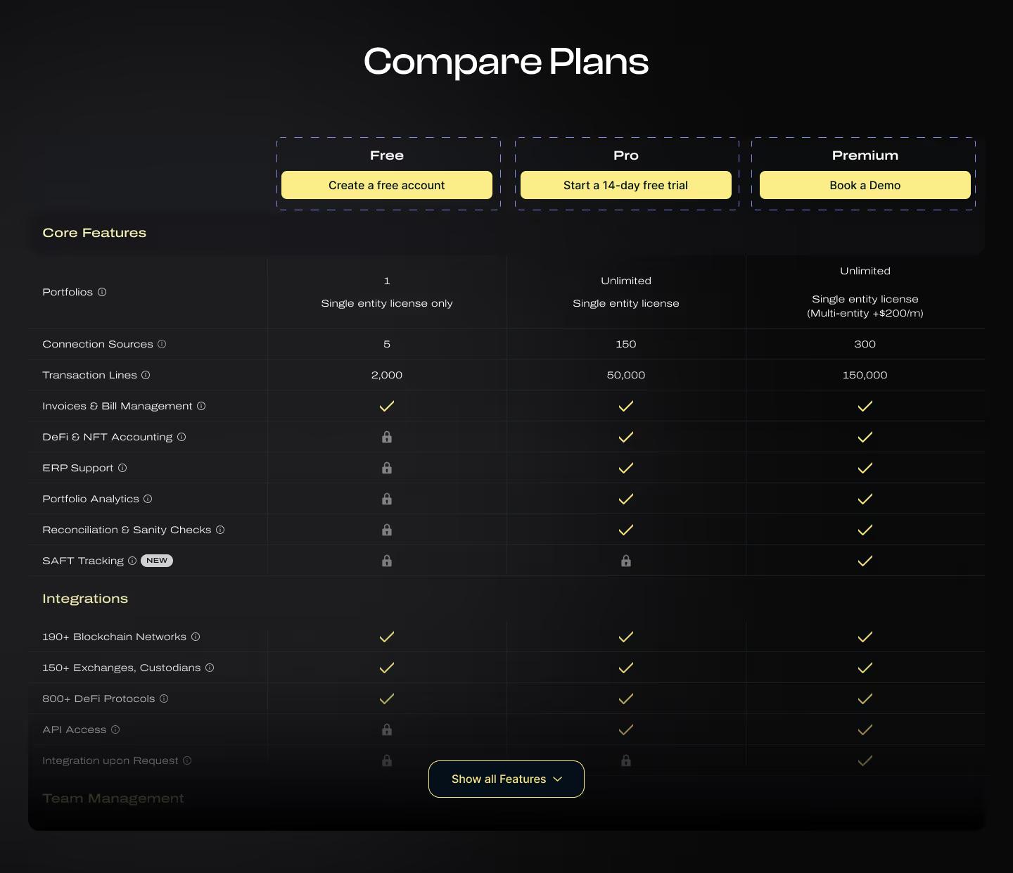 Feature comparison table on a Web3 pricing page