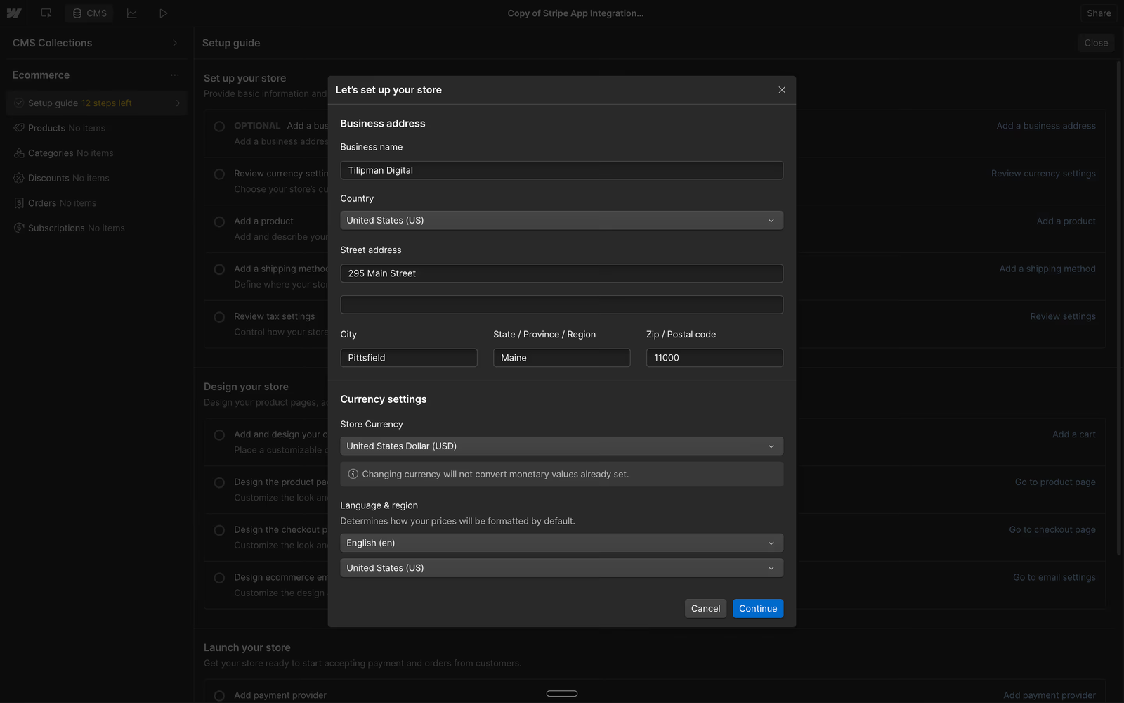 Setting up eCommerce Business Address in Webflow