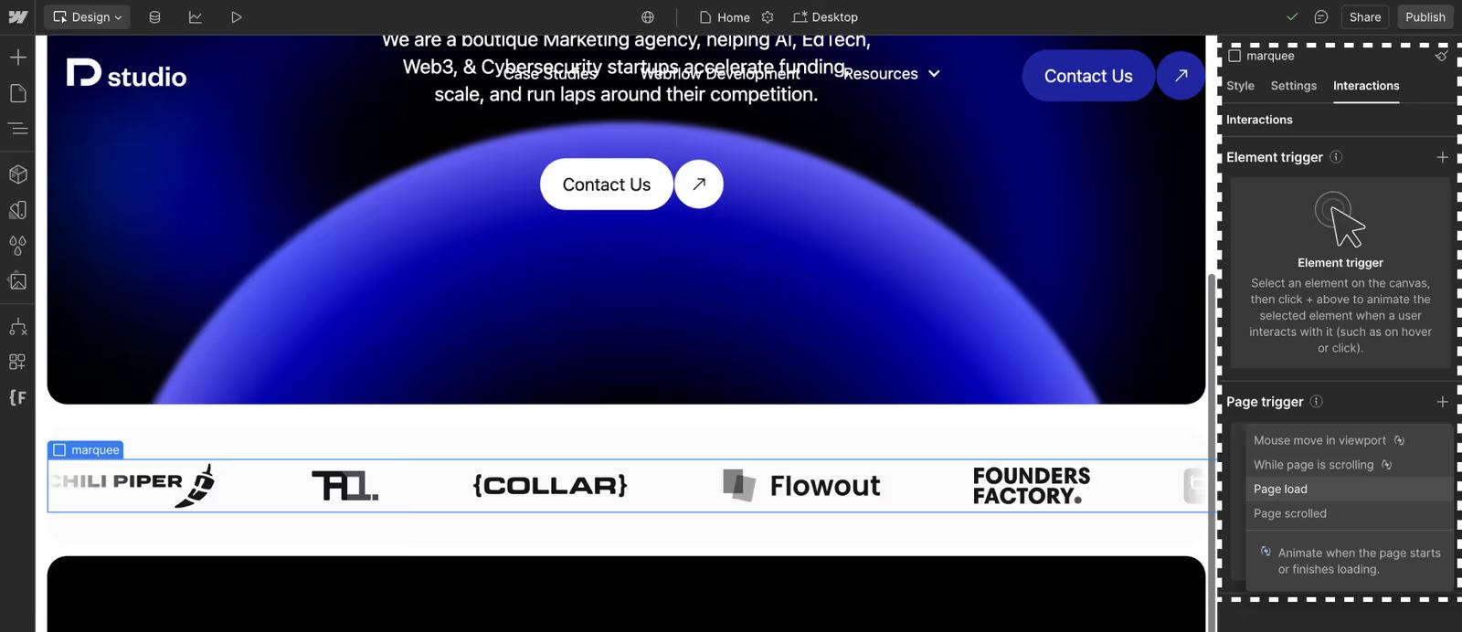 Step 8: Adding Page Trigger Animation in Webflow