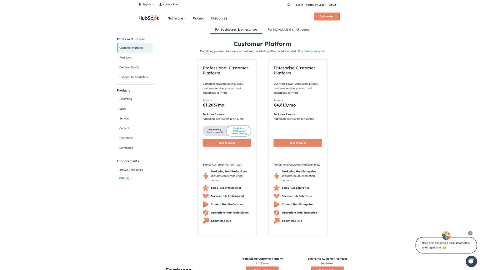 HubSpot vs Webflow — HubSpot Pricing Page