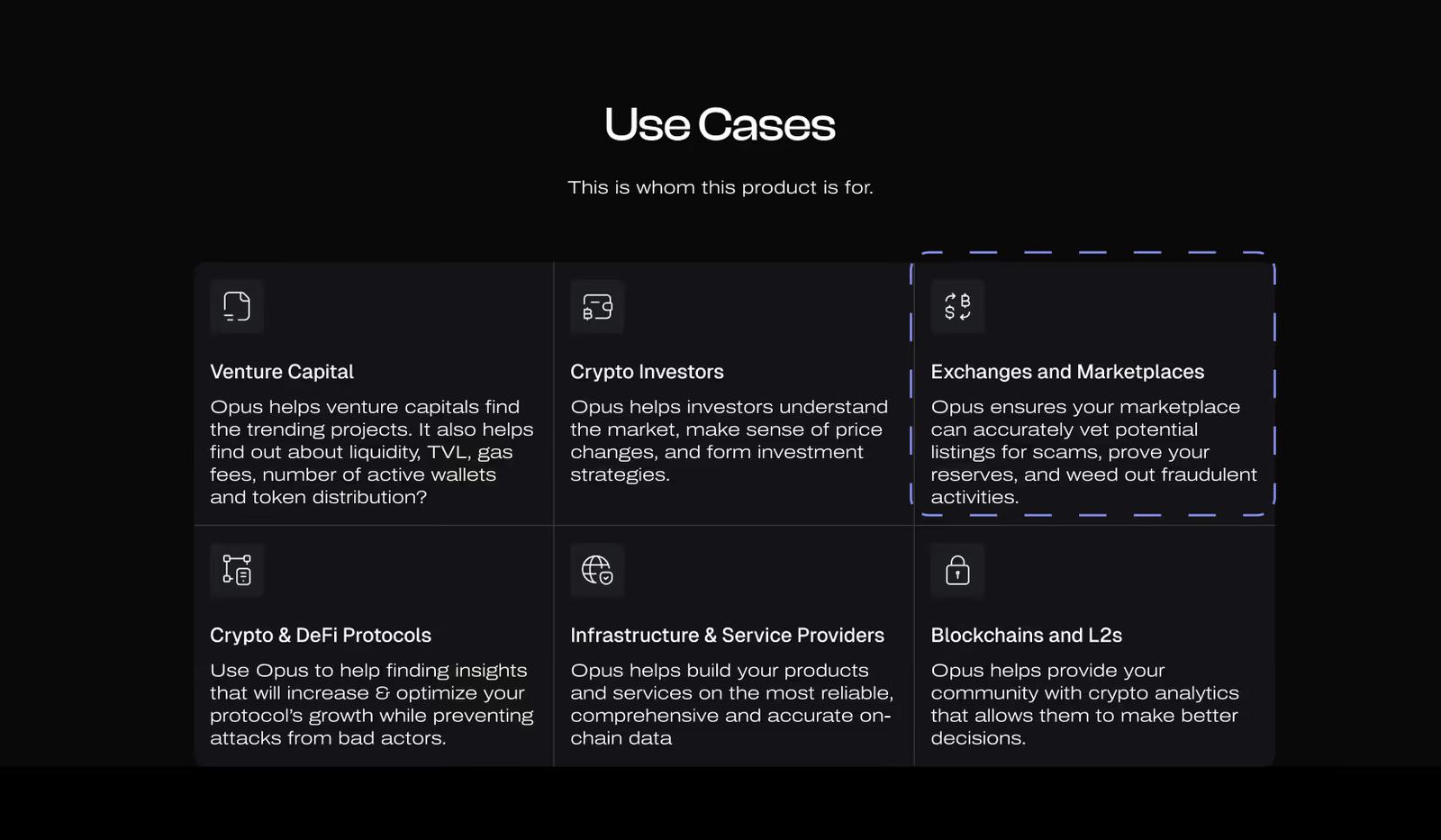 Use-cases section example on a Web3 homepage