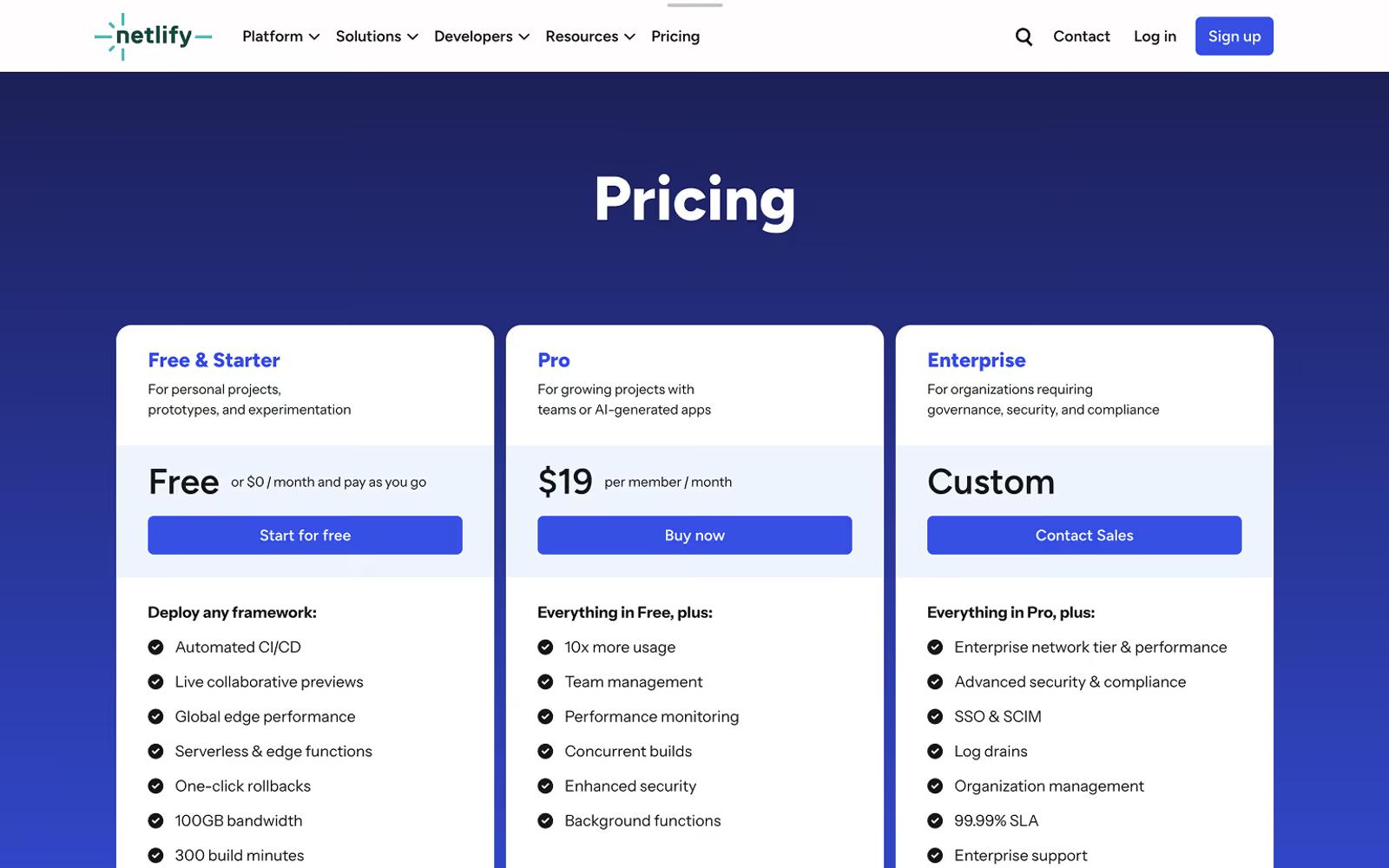 Netlify pricing page used as a design example