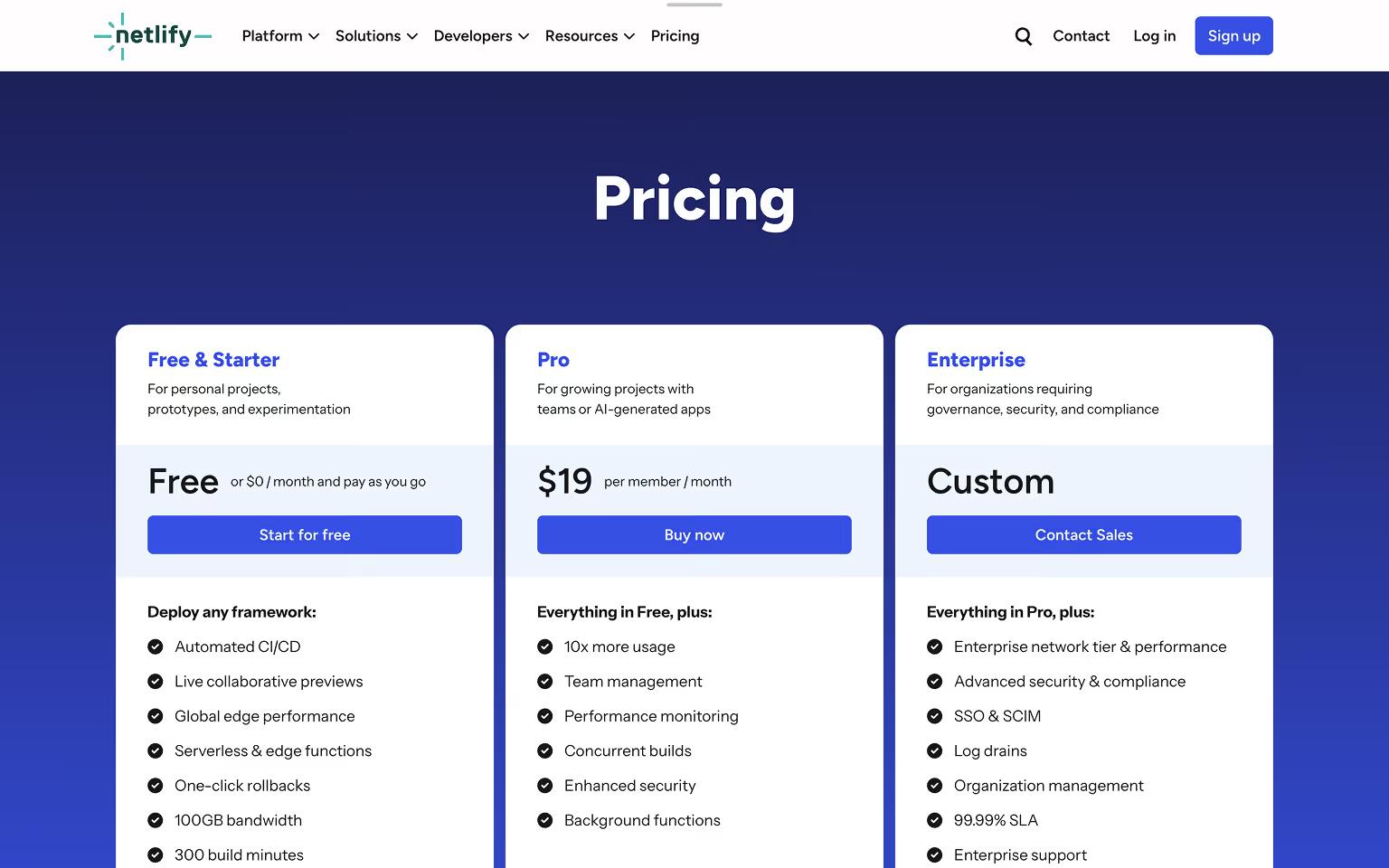 Netlify pricing page used as a design example