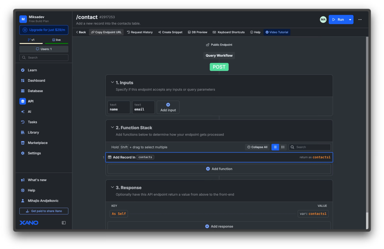 Adding record in Xano's function stack