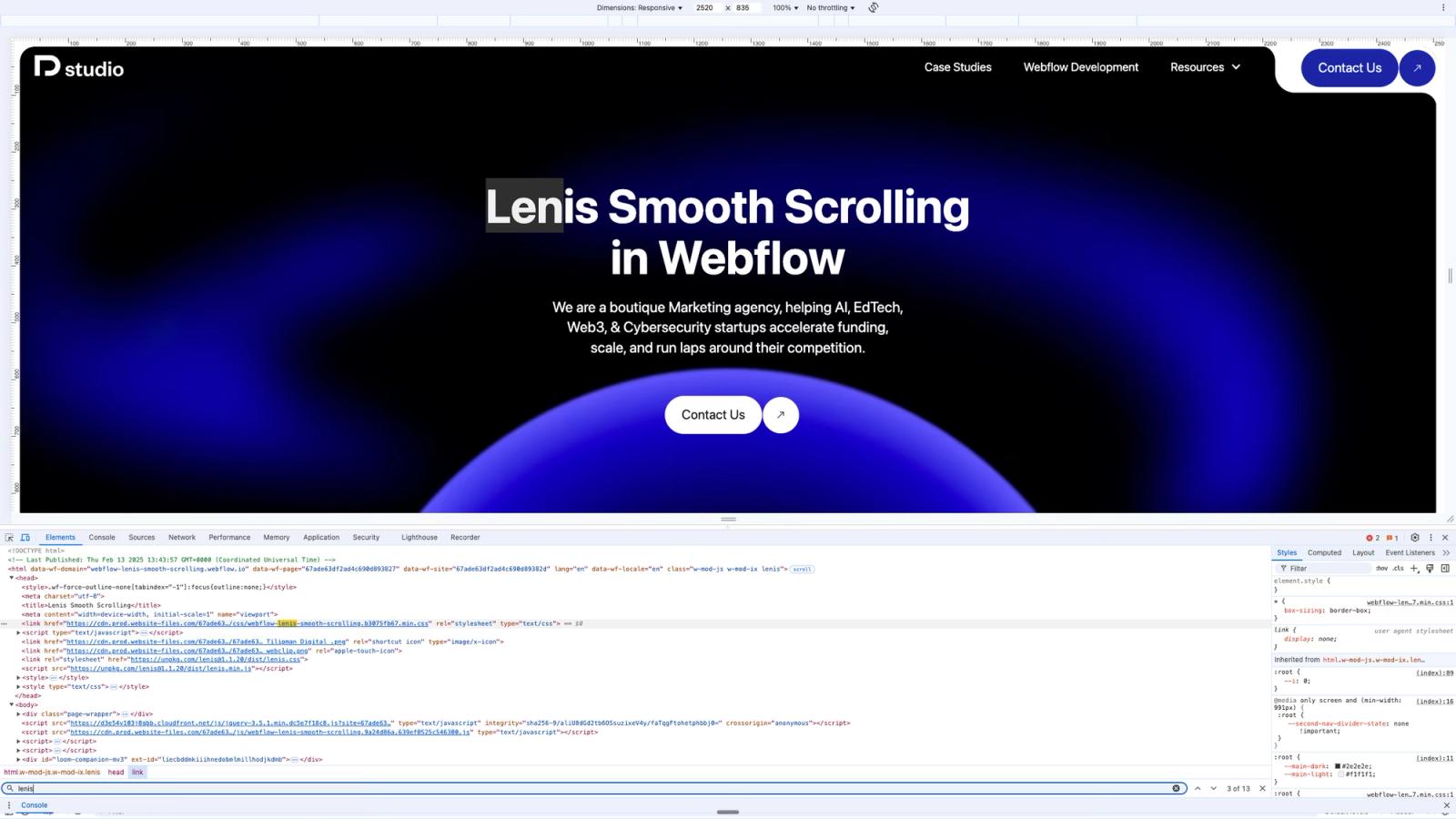 Inspecting code to debug Lenis Smooth Scrolling effect
