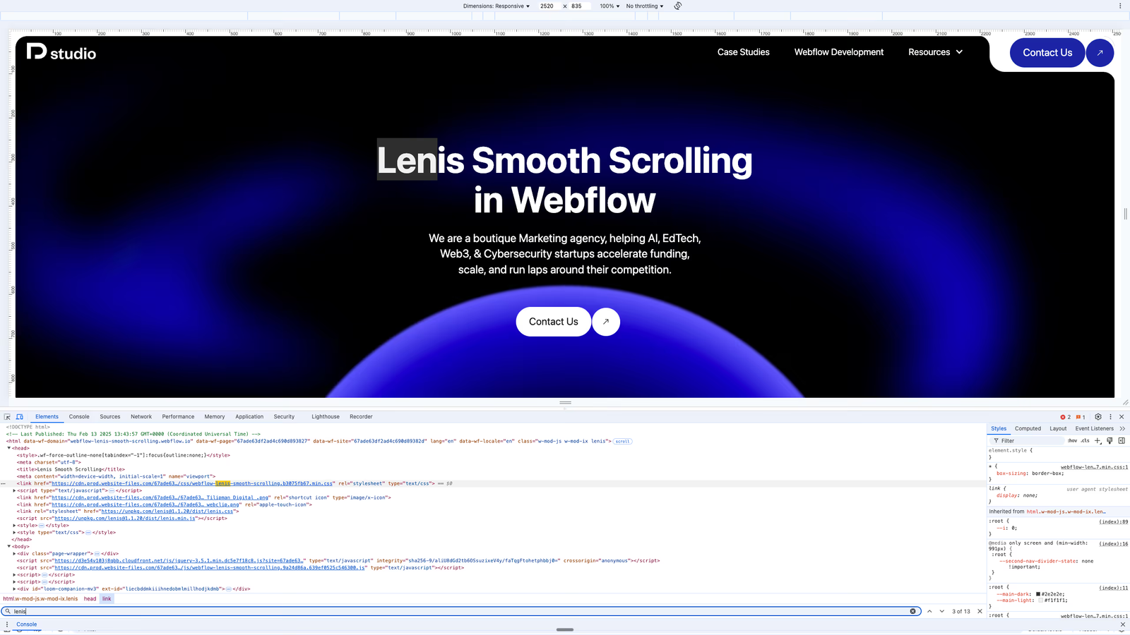 Inspecting code to debug Lenis Smooth Scrolling effect