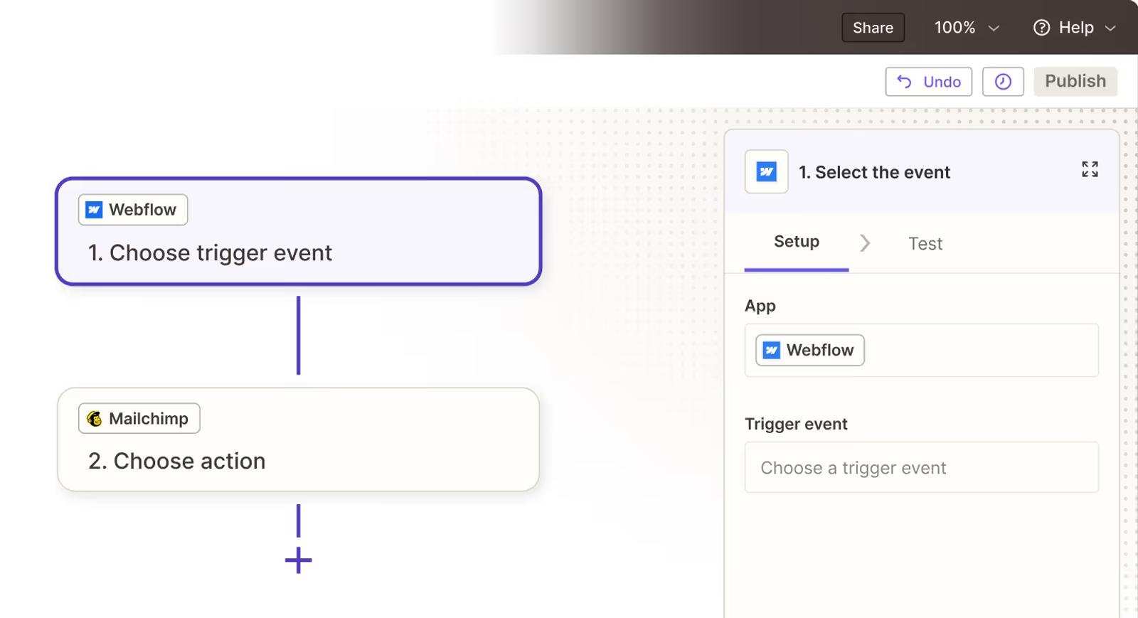 Usin Zapier UI to integrate Webflow with Mailchimp